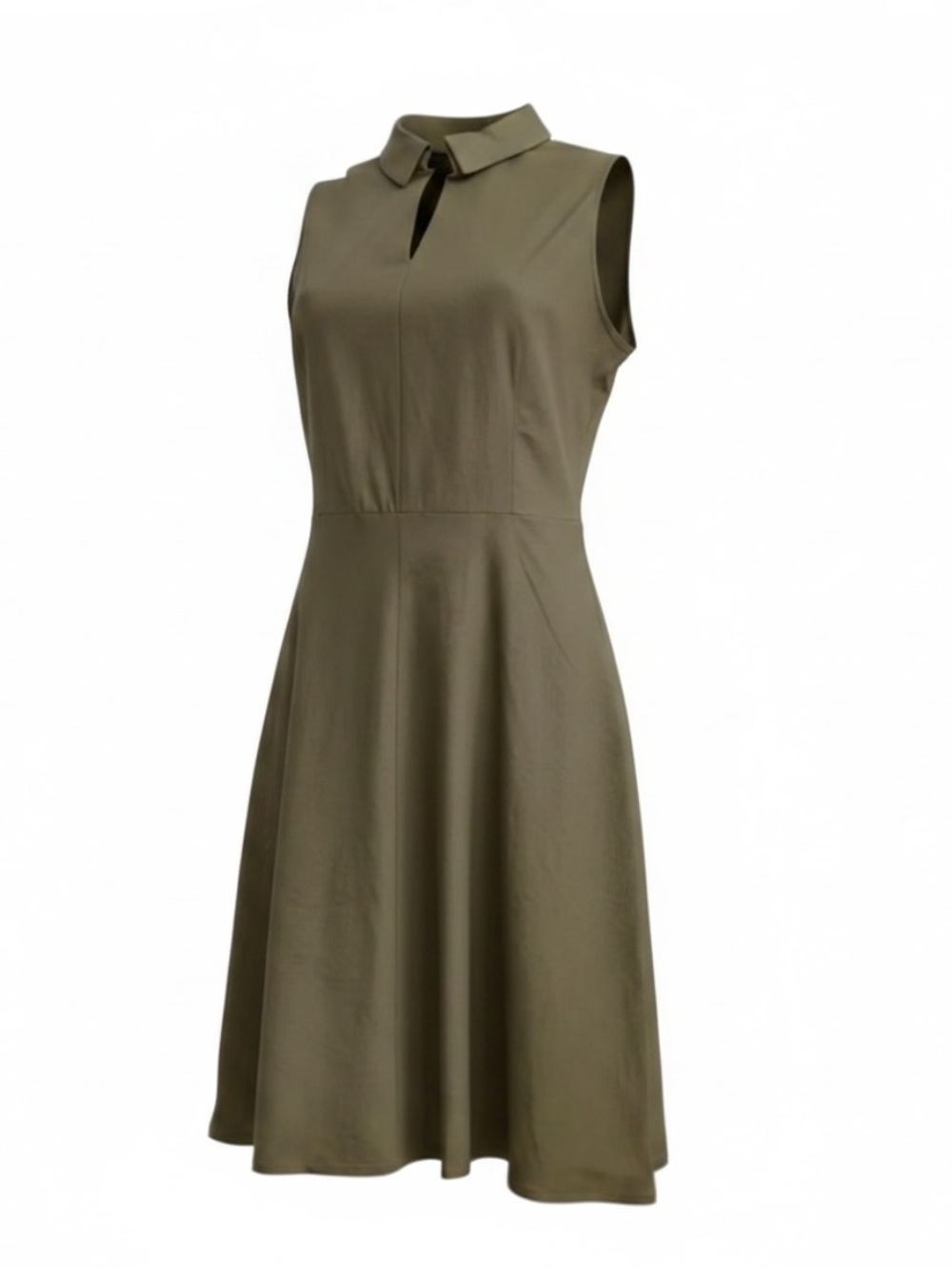T Tahari Olive Linen Blend Sleeveless A-Line Midi Dress Split Wing Collar  14